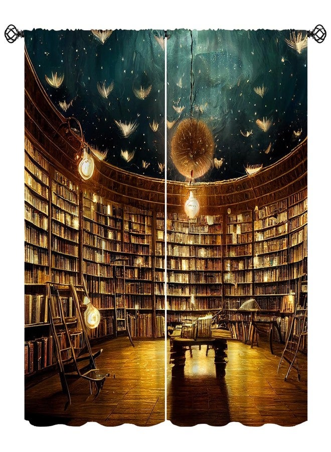 KANEPE Book Theme Curtain, Retro Bookshelf Bookcase Wings Flying Fairy Lights Window Treatments, Rod Pocket Thermal Insulated Drapes 2 Panel Sets for Bedroom Living Room Study Library, 42"W X 45"L【Decor】 - Image 1